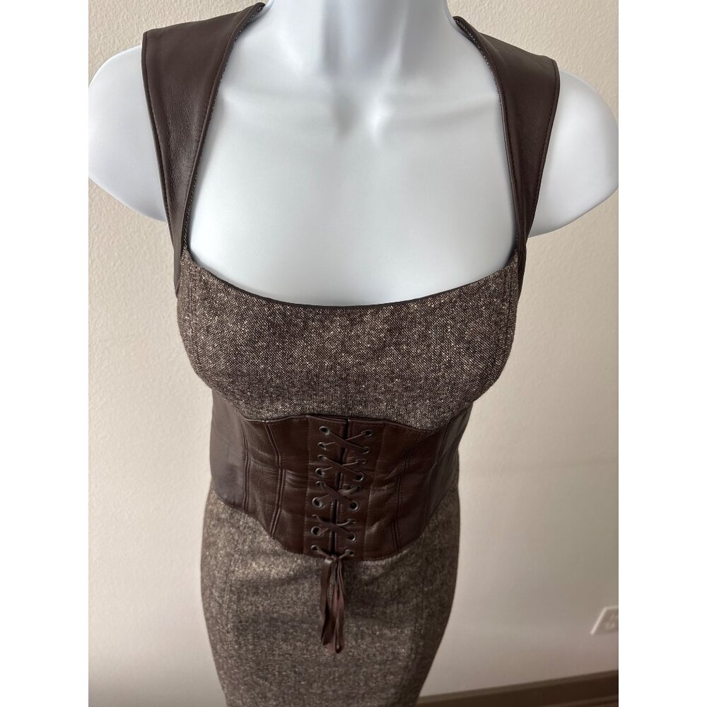 Y2K Bebe Dress Sz 10 Wool Blend Tweed Leather Corset Detail Lace Up Bodycon Slit - Picture 11 of 16